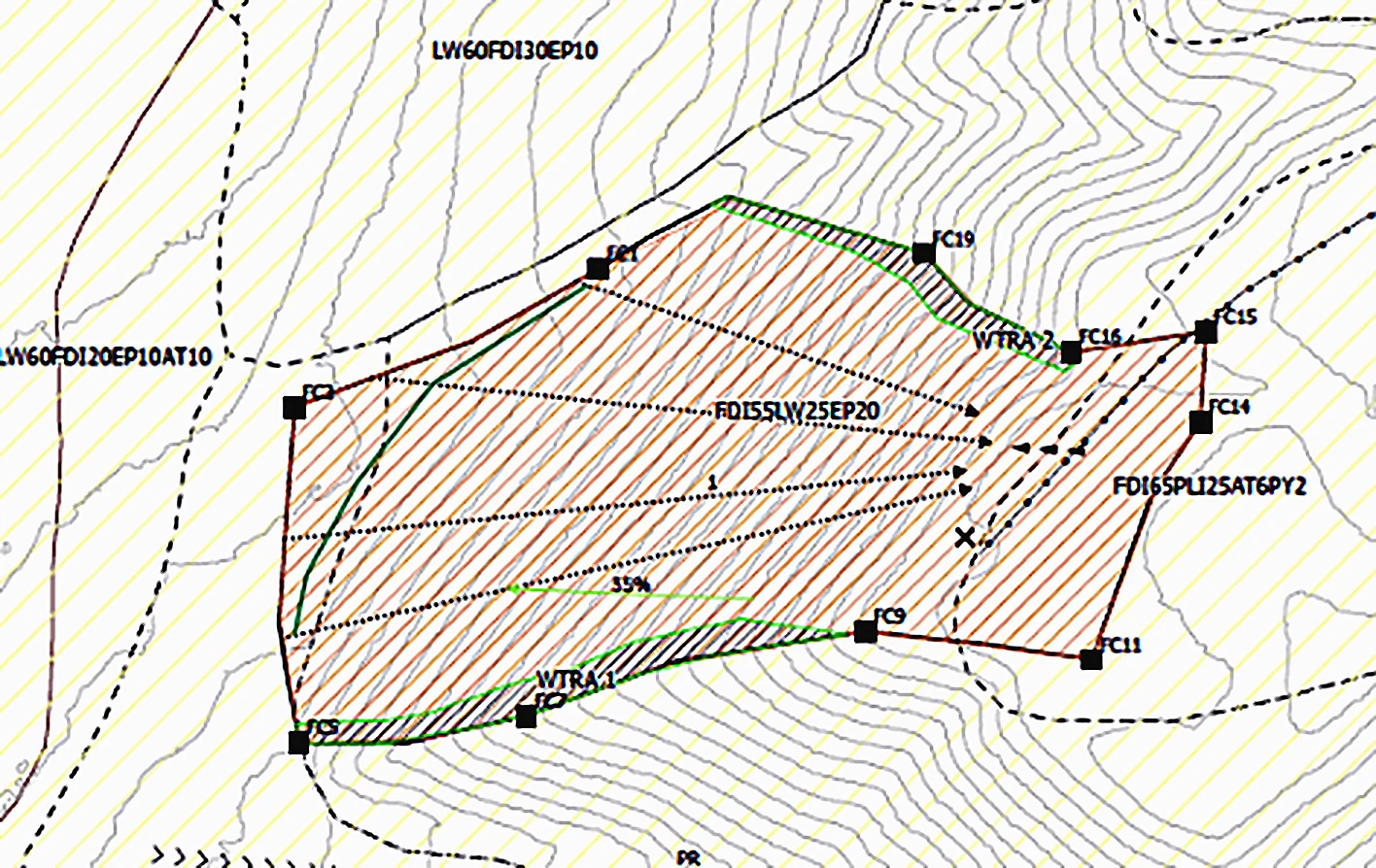Block layout map showing a hatched harvest polygon with treatment areas, feature corner markers, and slope labels over topographic contours