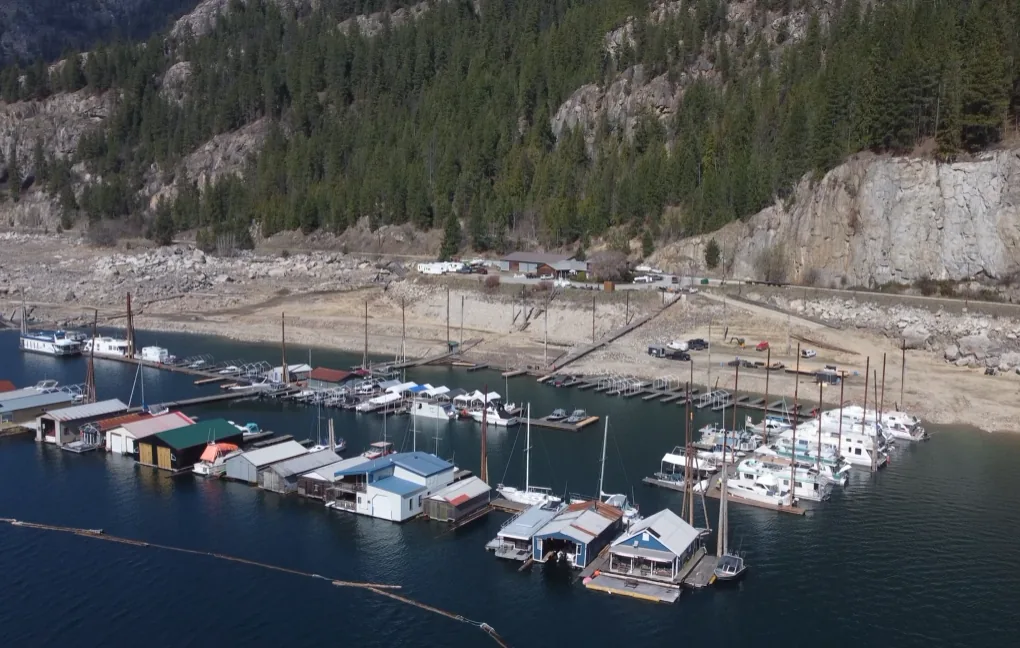 Aerial drone view of Scotties Marina, Robson, BC