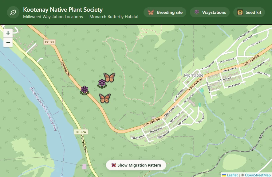 Kootenay Native Plant Society map showing milkweed waystations and monarch butterfly habitat near Montrose