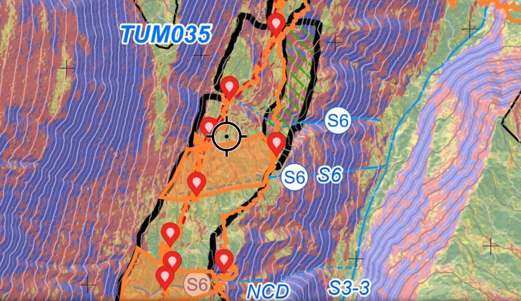 Field map showing a terrain heatmap with contour lines, harvest boundaries, survey point markers, and mapped feature labels